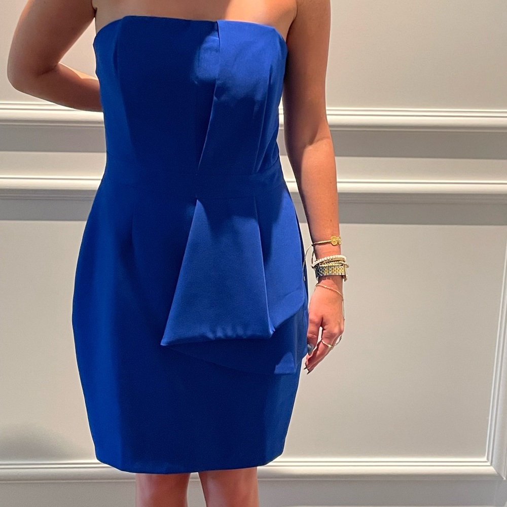 Strapless, mini, royal blue, eye-catching, and sleek
